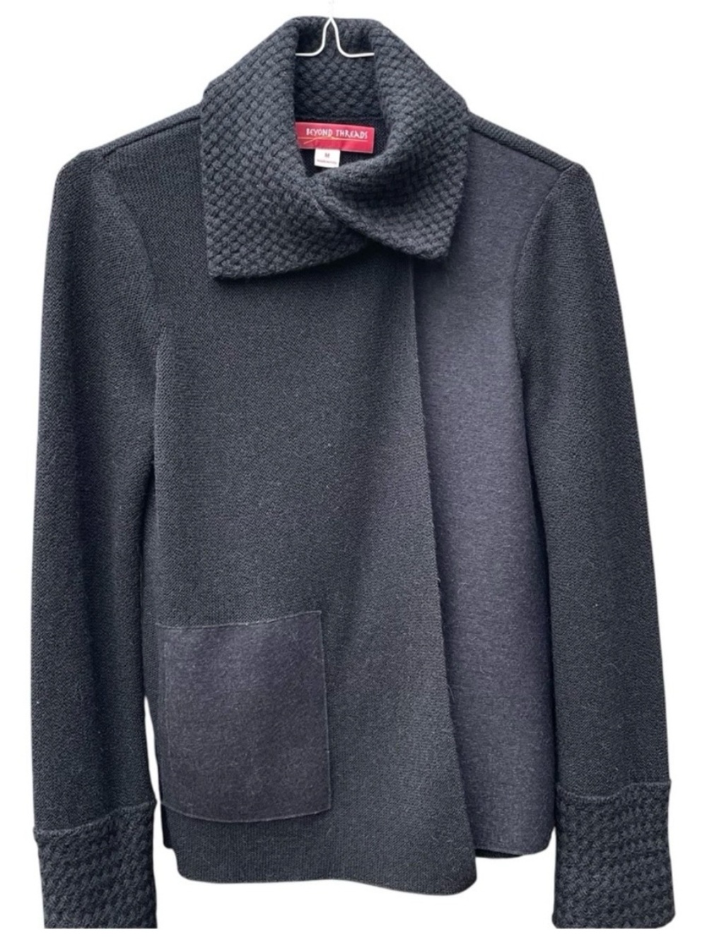 Beyond Threads Asymmetric Cardigan M Black Alpaca Wool Lagenlook Funnel Neck